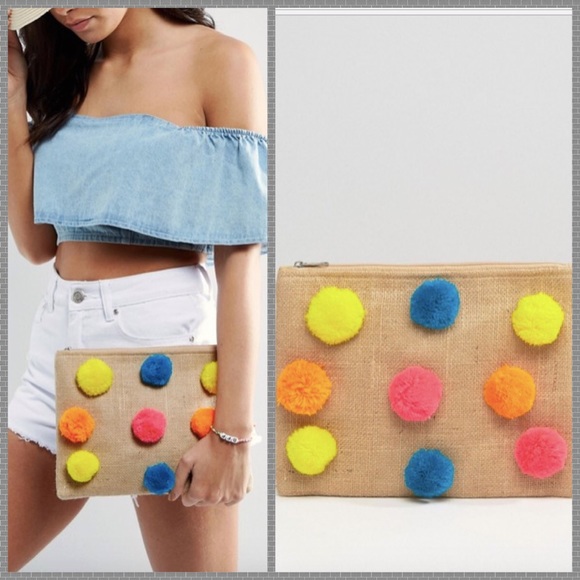 ASOS Handbags - NWT ASOS Pom Pom straw clutch